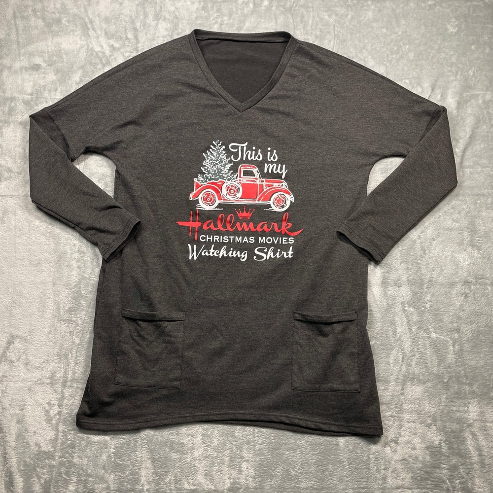 Hallmark Womens Christmas Movies Watching Shirt Dark Gray 1/4 Sleeve Pockets M